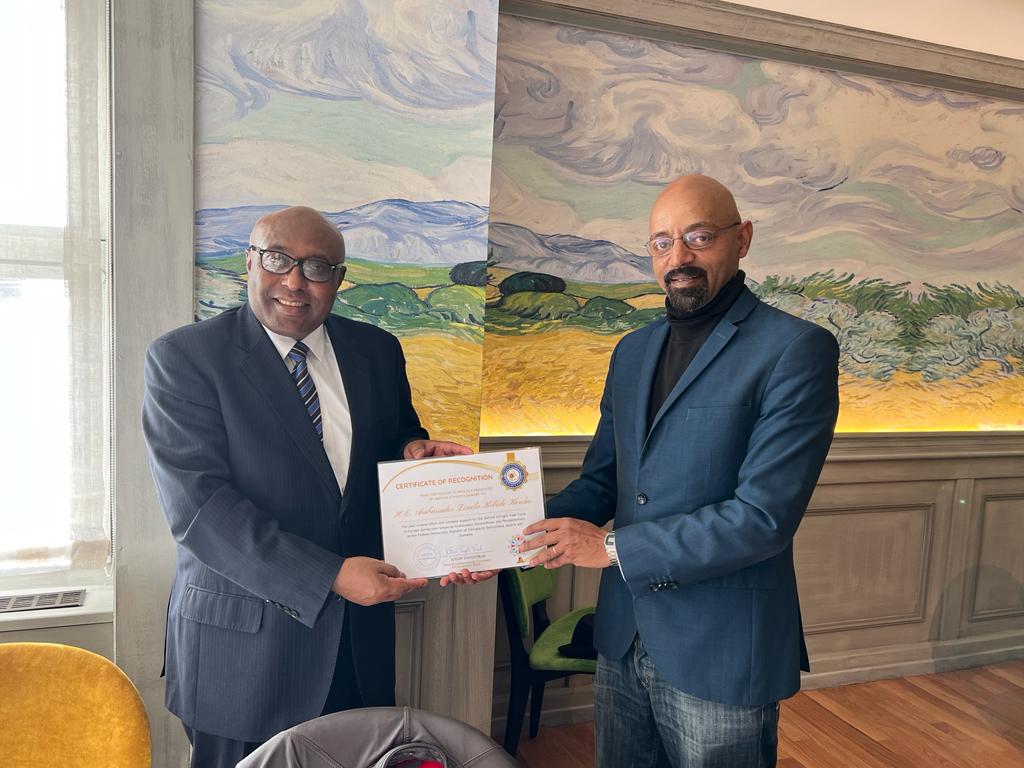 Certificate of recognition to H.E. Ambassador Zenebe Kebede Korcho